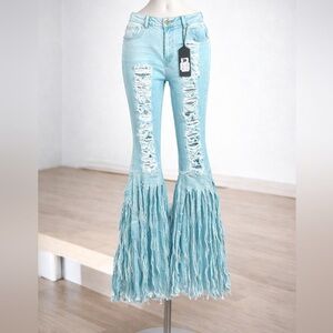 Purple Candy Pixies Lounge Fringe Flare Distressed Flare Jeans XL Light Wash